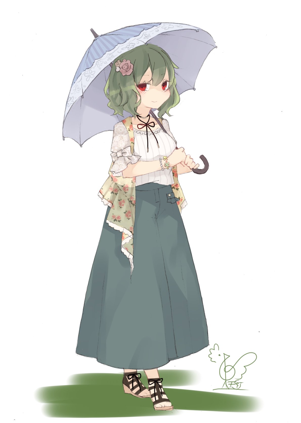 bead_bracelet beads beige_vest black_choker black_ribbon blue_umbrella blush bow bracelet breasts brown_footwear choker collarbone commentary_request eyebrows_visible_through_hair floral_print flower full_body green_hair green_skirt hair_between_eyes hair_flower hair_ornament highres holding holding_umbrella jewelry kazami_yuuka looking_at_viewer medium_breasts pink_flower pink_rose puffy_short_sleeves puffy_sleeves red_eyes ribbon ribbon_choker rose sandals shirt short_hair short_sleeves signature simple_background skirt smile solo standing striped_umbrella touhou toutenkou umbrella vest white_background white_bow white_shirt
