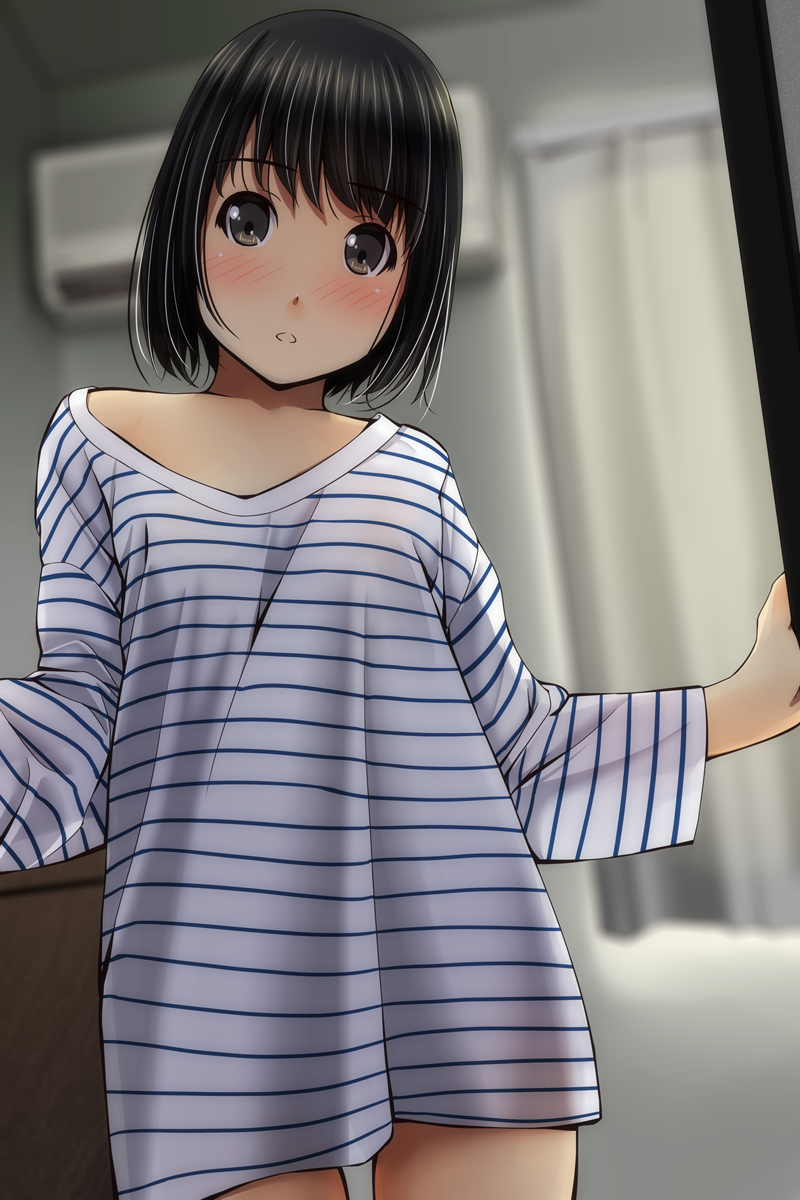 black_eyes black_hair blurry blurry_background blush collarbone commentary_request curtains depth_of_field head_tilt highres indoors long_sleeves looking_at_viewer matsunaga_kouyou nose_blush original oversized_clothes oversized_shirt parted_lips shirt short_hair solo striped striped_shirt