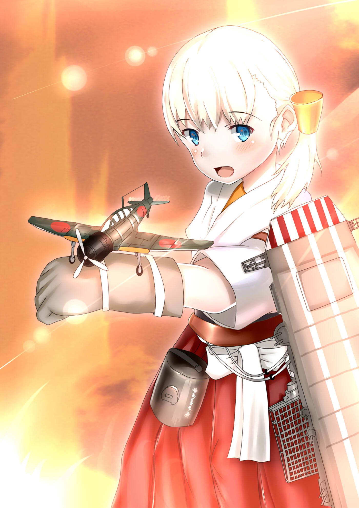 aircraft aircraft_request airplane bangs blonde_hair blue_eyes blunt_bangs commentary_request eyebrows_visible_through_hair fire_maxs flight_deck gloves hair_ornament hakama hakama_skirt highres japanese_clothes kantai_collection long_hair looking_at_viewer open_mouth red_hakama shin'you_(kantai_collection) side_ponytail single_glove solo