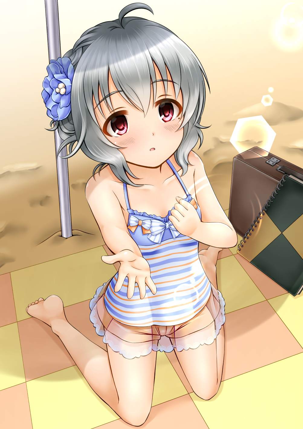 ahoge bangs bare_arms bare_legs bare_shoulders barefoot beach blue_flower blush breasts brown_shorts camisole check_commentary collarbone commentary_request day eyebrows_visible_through_hair flower grey_hair hair_between_eyes hair_flower hair_ornament highres idolmaster idolmaster_cinderella_girls kneeling narumiya_yume notebook outdoors outstretched_arm parted_lips red_eyes regular_mow sand see-through short_shorts shorts small_breasts solo striped striped_camisole suitcase