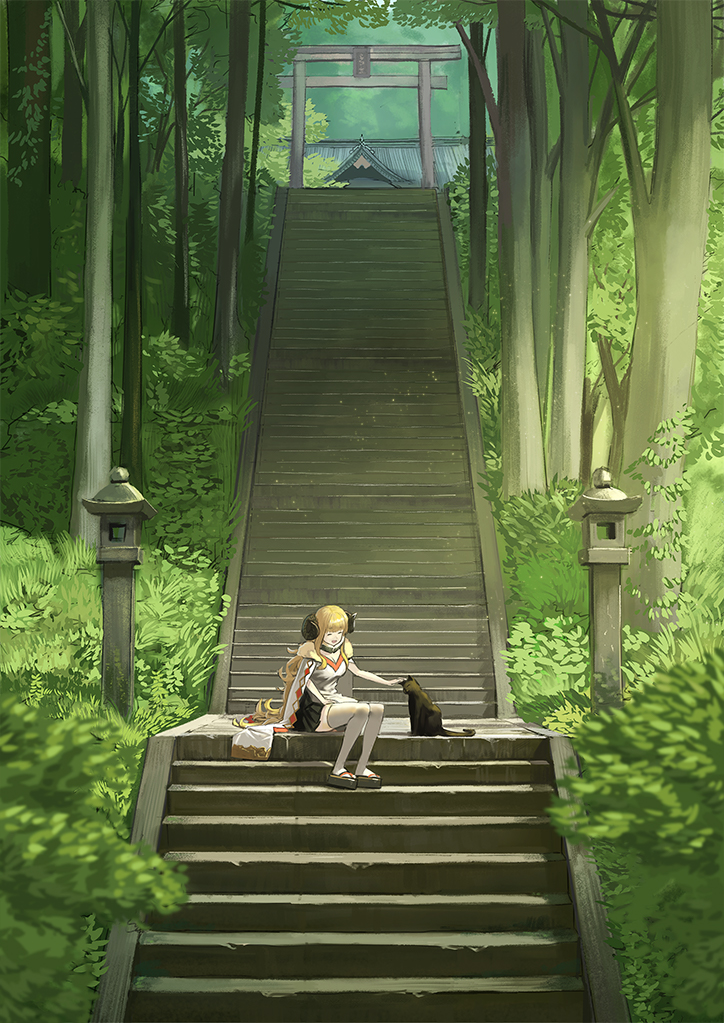 :d anila_(granblue_fantasy) animal black_cat black_footwear black_skirt blonde_hair breasts cape cat cleavage closed_eyes commentary_request curled_horns day draph forest granblue_fantasy horns large_breasts long_hair nature on_ground open_mouth outdoors petting plant platform_footwear pleated_skirt sheep_horns shirt shrine sitting sitting_on_stairs skirt smile solo stairs stone_stairs thighhighs torii tree very_long_hair wasabi60 white_cape white_legwear white_shirt wide_shot zouri