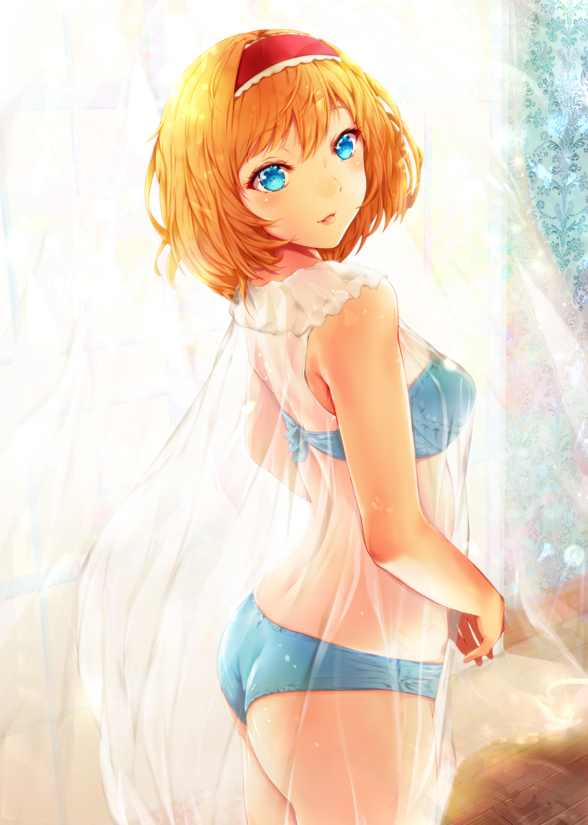 alice_margatroid ass bandeau bangs bare_arms bare_shoulders blonde_hair blue_bra blue_eyes blue_panties blush bra breasts commentary cowboy_shot curtains eyebrows_visible_through_hair from_side hair_between_eyes hairband highres lens_flare lips looking_at_viewer looking_back mayonaka_taruho medium_breasts panties parted_lips red_hairband see-through short_hair smile solo standing strapless strapless_bra thighs touhou underwear window wooden_floor