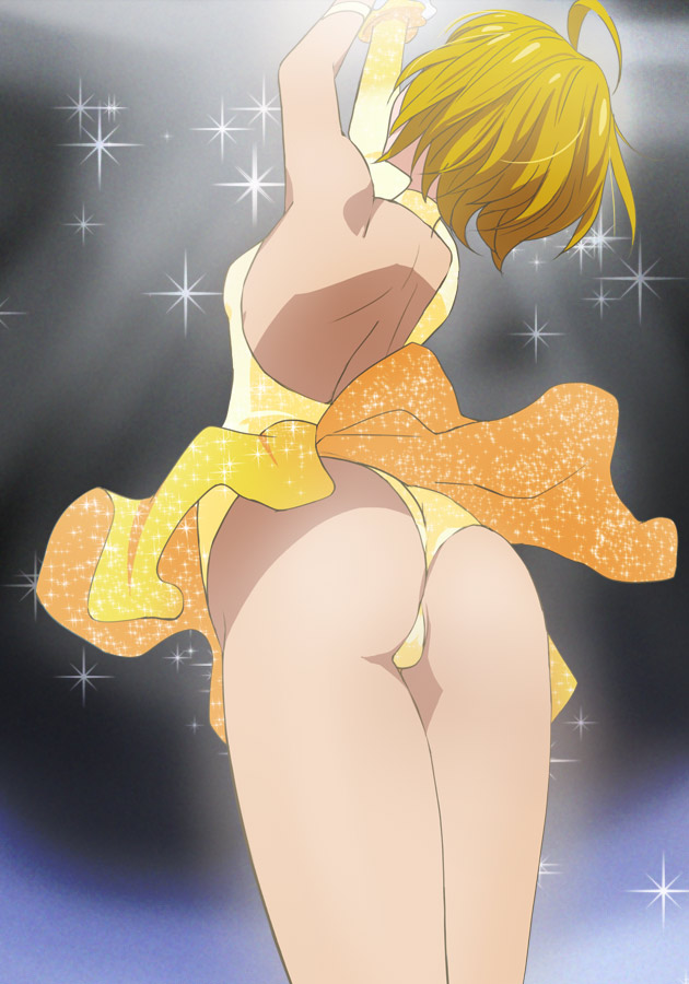 ahoge arms_up ass bare_back blonde_hair commentary_request from_below haruyama_kazunori hugtto!_precure kagayaki_homare precure short_hair shoulder_blades solo sparkle standing
