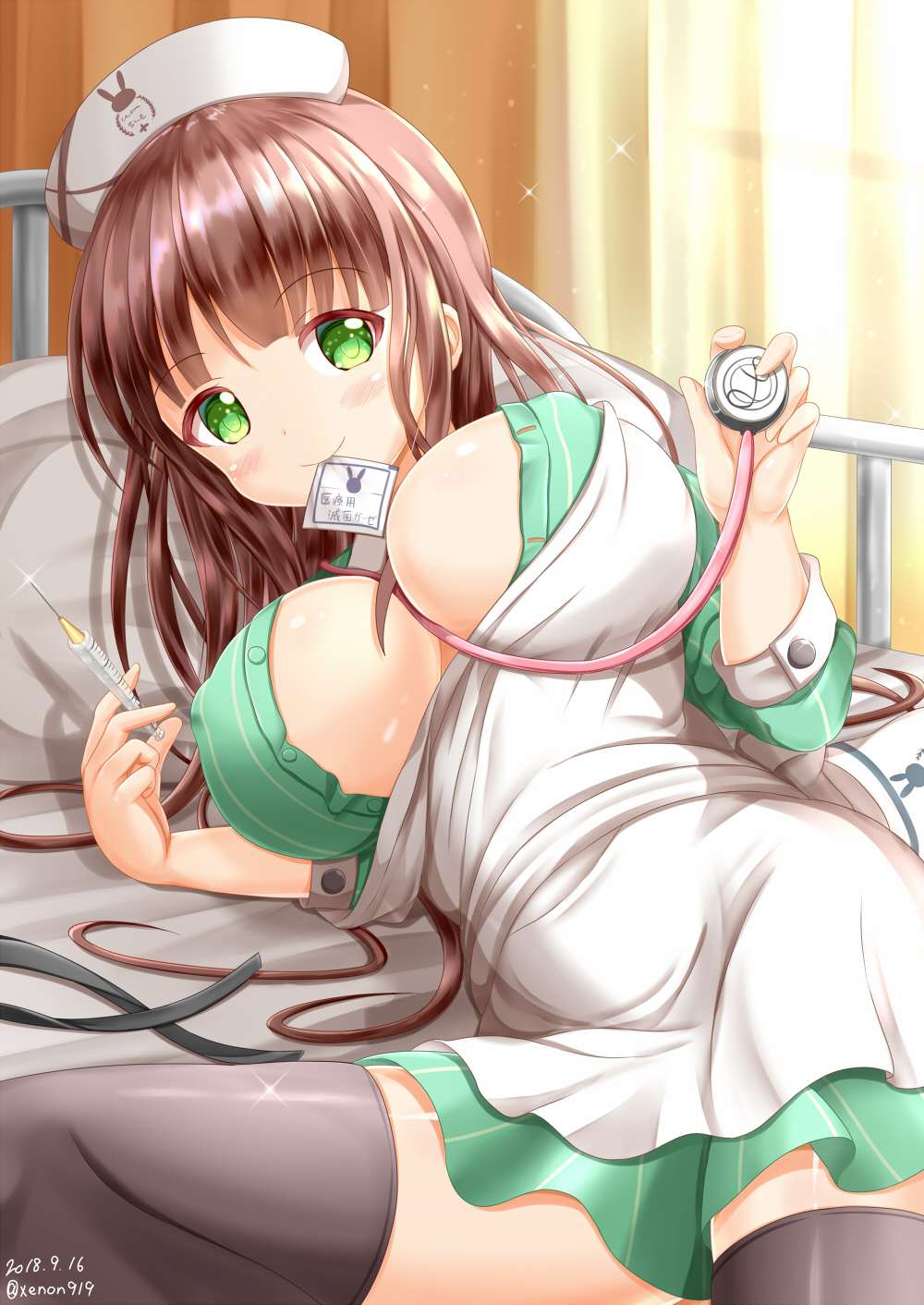 apron bangs bed between_breasts blush breasts brown_hair brown_legwear closed_mouth commentary_request covered_nipples curtains dress_shirt eyebrows_visible_through_hair gochuumon_wa_usagi_desu_ka? green_eyes green_shirt green_skirt hat highres holding holding_syringe hospital_bed large_breasts long_hair long_sleeves lying mouth_hold nurse_cap on_bed on_side open_clothes open_shirt shirt skirt smile solo sparkle stethoscope striped striped_shirt syringe thighhighs ujimatsu_chiya vertical-striped_shirt vertical-striped_skirt vertical_stripes very_long_hair white_apron white_hat zenon_(for_achieve)