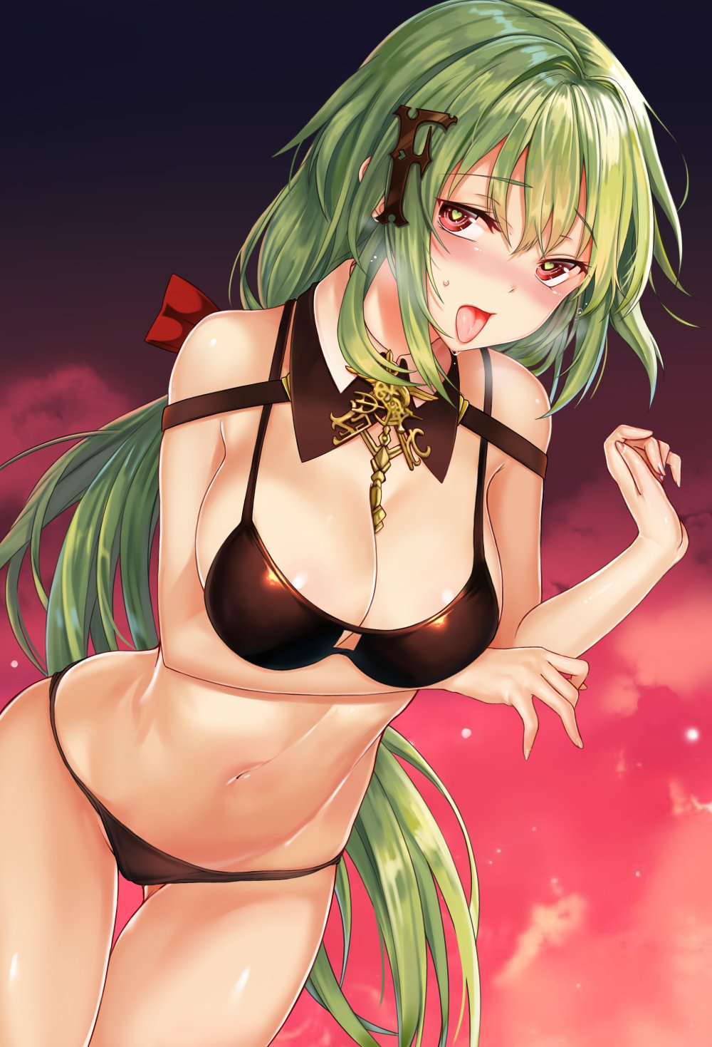:p arm_under_breasts bangs bikini black_bikini blush breasts cleavage commentary_request detached_collar girls_frontline green_hair groin hair_between_eyes hair_ornament hair_ribbon hand_up heart heart-shaped_pupils heifetz highres long_hair looking_at_viewer low-tied_long_hair mk48_(girls_frontline) navel open_mouth ponytail red_eyes red_ribbon ribbon sidelocks skindentation smile solo standing stomach sweatdrop swimsuit symbol-shaped_pupils thighs toned tongue tongue_out very_long_hair