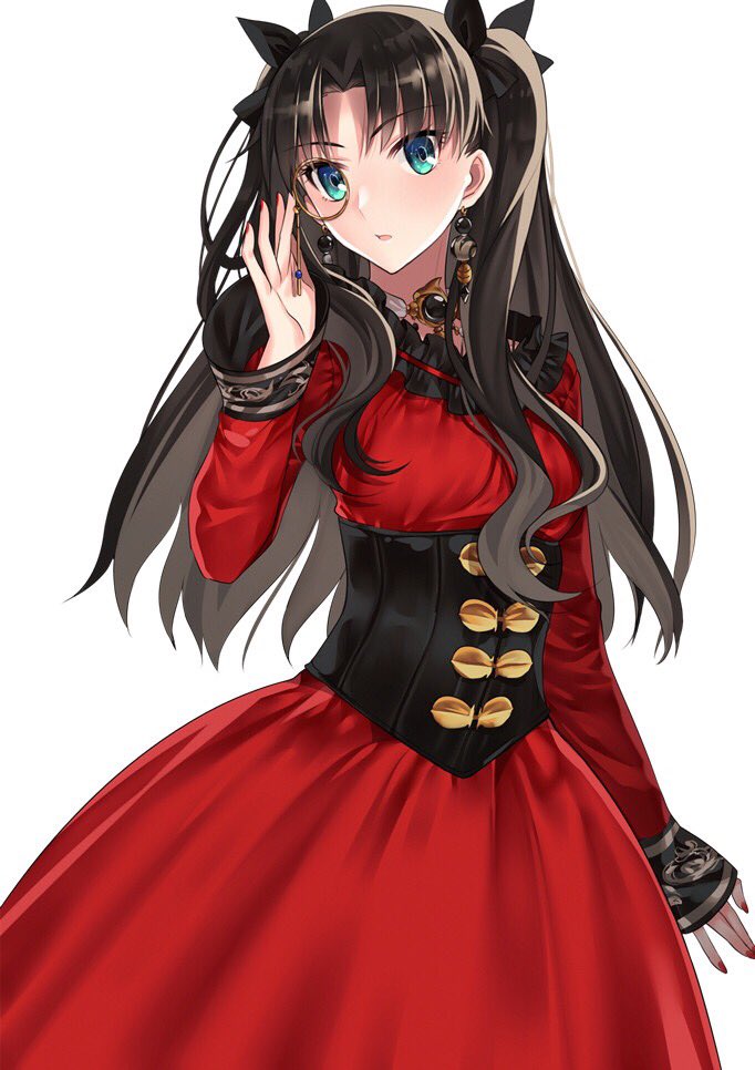 alternate_costume arm_up bangs black_hair commentary dress earrings fate/stay_night fate_(series) green_eyes hair_ribbon jewelry long_hair looking_at_viewer monocle nail_polish necklace parted_bangs parted_lips red_dress red_nails ribbon simple_background solo toosaka_rin two_side_up white_background yaoshi_jun