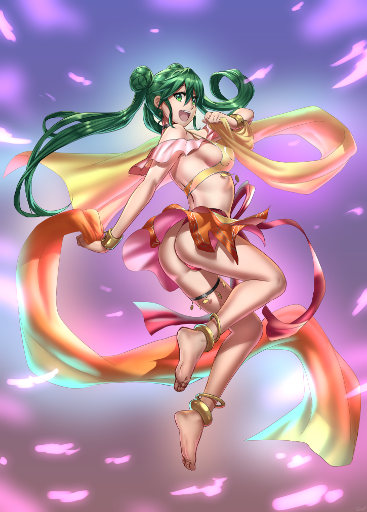 :d anklet ass bare_shoulders bracelet breasts dancer double_bun earrings fire_emblem fire_emblem:_seisen_no_keifu full_body green_eyes green_hair jewelry long_hair looking_at_viewer looking_back medium_breasts midriff open_mouth sideboob sinccubi skirt smile solo sylvia_(fire_emblem) thigh_strap thighs twintails