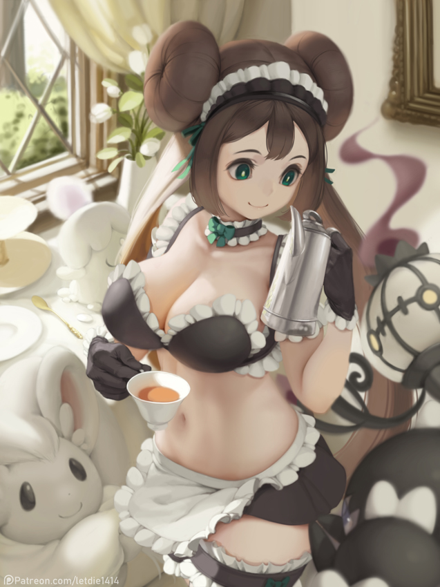 alternate_costume apron bare_arms bow bowtie breasts brown_hair chandelure cinccino cleavage closed_mouth collarbone commentary crop_top cup curtains day double_bun drink engrish_commentary enmaided flower flower_pot frills gen_5_pokemon gloves gothorita green_eyes hand_up holding holding_cup holding_teapot indoors large_breasts letdie1414 litwick long_hair looking_at_another maid maid_apron maid_headdress mei_(pokemon) microskirt midriff navel pokemon pokemon_(creature) pokemon_(game) pokemon_bw2 skirt smile spoon standing stomach teapot thigh_strap twintails very_long_hair waist_apron watermark web_address white_pupils window