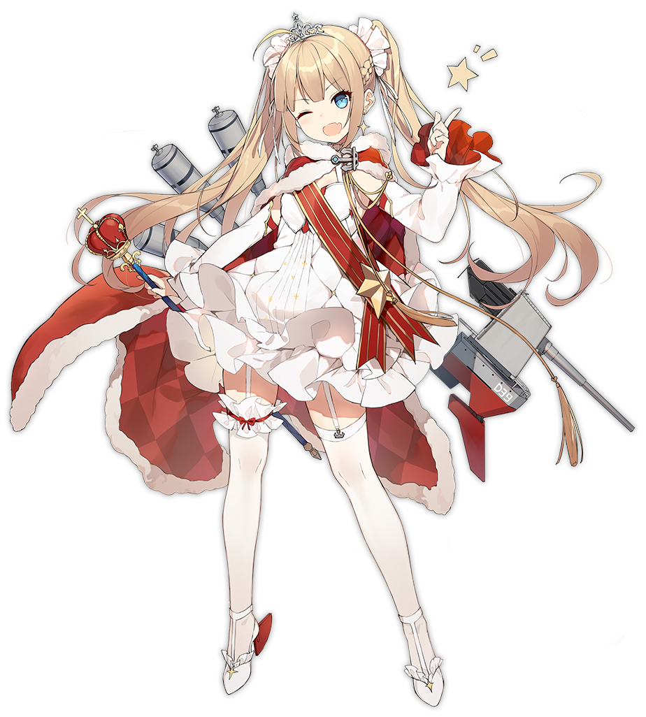 amazon_(azur_lane) azur_lane blonde_hair blue_eyes blush dress earrings eyebrows_visible_through_hair full_body garter_straps high_heels jewelry long_hair looking_at_viewer official_art one_eye_closed open_mouth scepter shi-chen smile solo star star_earrings thighhighs transparent_background twintails white_dress white_legwear