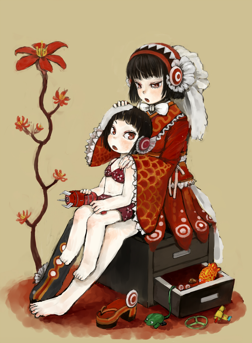 barefoot bikini black_hair borrowed_character brown_eyes brown_hair cabinet child commentary_request dress ebimomo energy_gun flower frog grey_background hairband high_heels highres holding long_sleeves multiple_girls original parted_lips ray_gun red_bikini red_dress red_eyes red_flower red_footwear short_sleeves simple_background sitting sitting_on_lap sitting_on_person swimsuit weapon