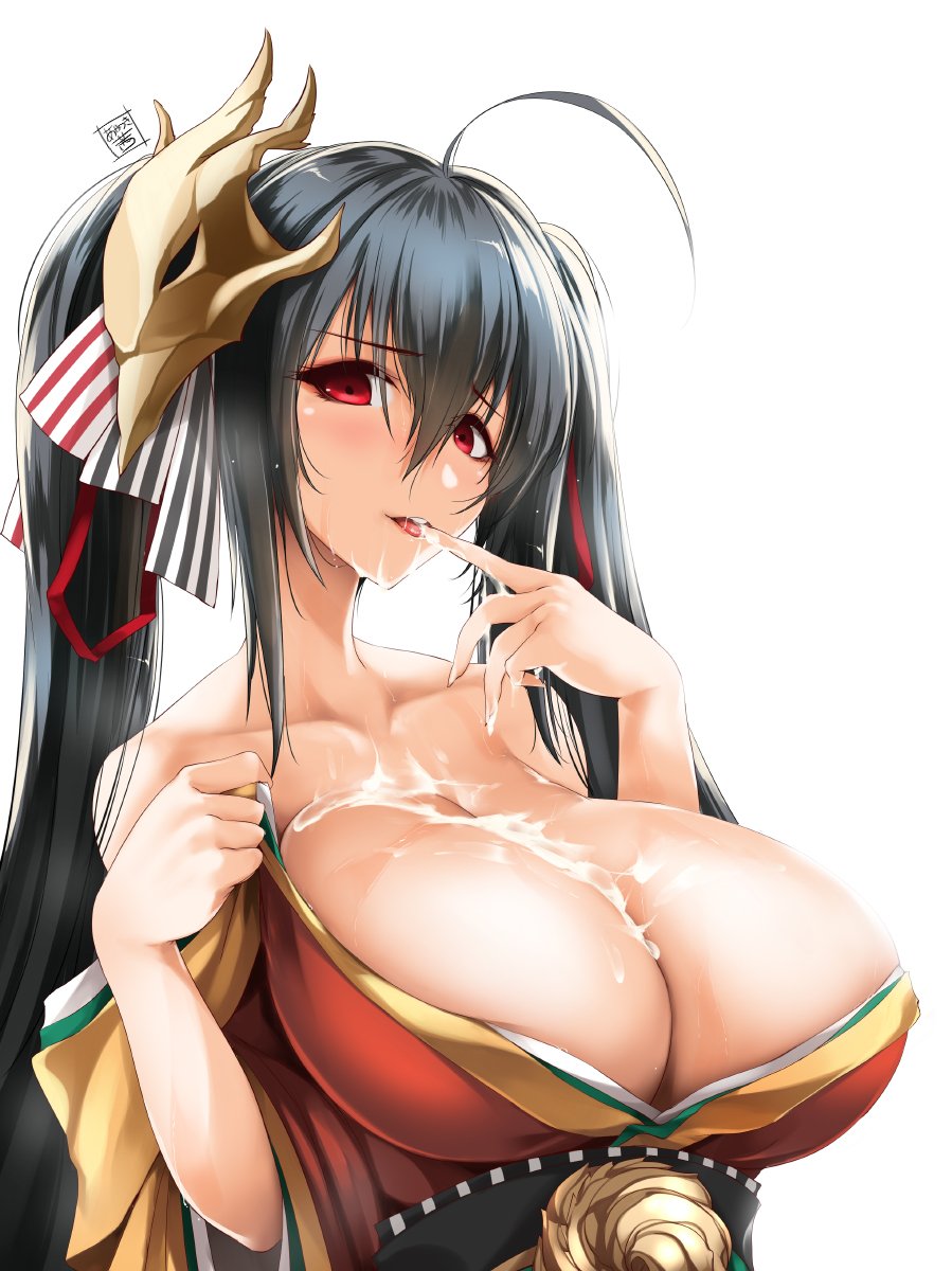 ahoge akatsuki_akane azur_lane bangs bare_shoulders black_hair blush breasts cleavage clothes_tug collarbone commentary_request cum cum_on_body cum_on_breasts cum_on_upper_body eyebrows_visible_through_hair facial finger_licking hair_between_eyes hair_ornament hair_ribbon highres huge_breasts japanese_clothes large_breasts licking long_hair looking_at_viewer obi off_shoulder open_mouth red_eyes ribbon sash sidelocks signature simple_background skindentation smile solo sweat taihou_(azur_lane) twintails upper_body very_long_hair white_background