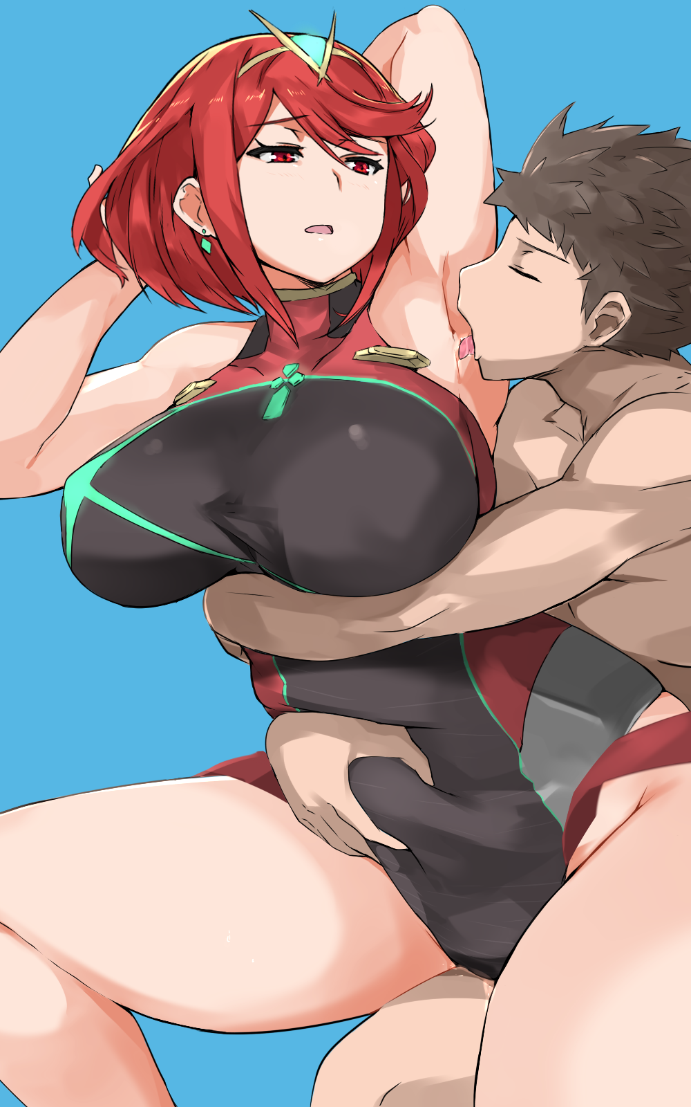 1girl armpit_licking armpits arms_behind_head belly_grab blush breasts brown_hair cafekun closed_eyes competition_swimsuit earrings half-closed_eyes hetero highres homura_(xenoblade_2) hug hug_from_behind jewelry large_breasts licking one-piece_swimsuit open_mouth red_eyes red_hair rex_(xenoblade_2) saliva swimsuit tiara xenoblade_(series) xenoblade_2