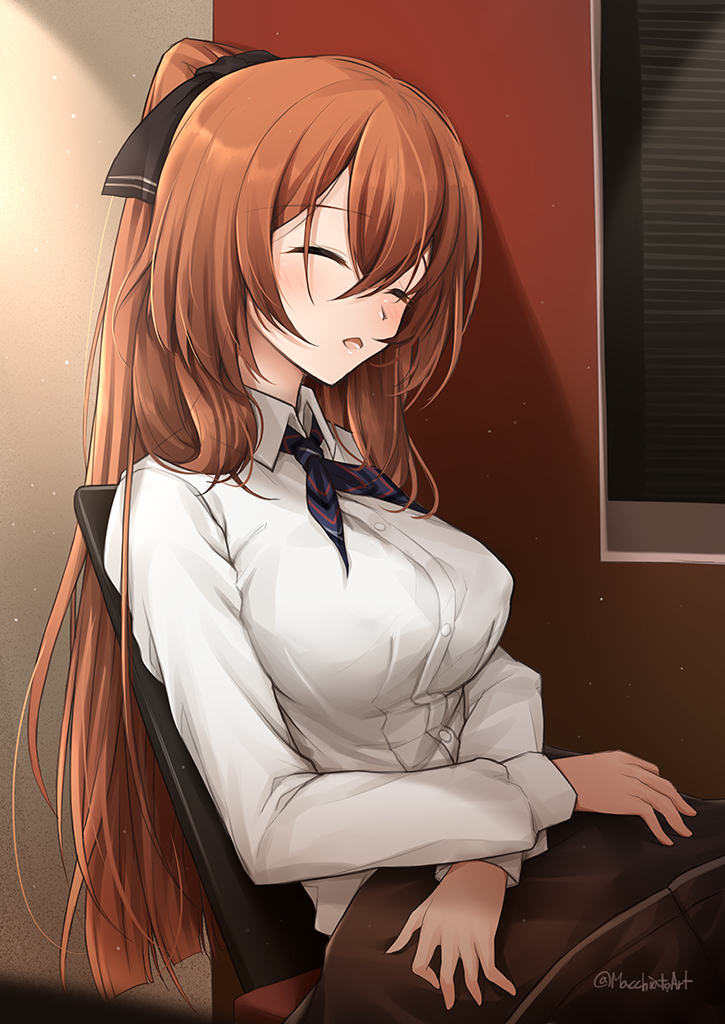 bangs black_bow blue_neckwear bow breasts brown_hair closed_eyes commentary_request dress_shirt eyebrows_visible_through_hair girls_frontline hair_between_eyes hair_bow high_ponytail indoors large_breasts long_hair long_sleeves m1903_springfield_(girls_frontline) macchiato_(jae-min_cho) neckerchief parted_lips ponytail shirt sitting sleeping sleeping_upright solo striped striped_neckwear twitter_username very_long_hair white_shirt