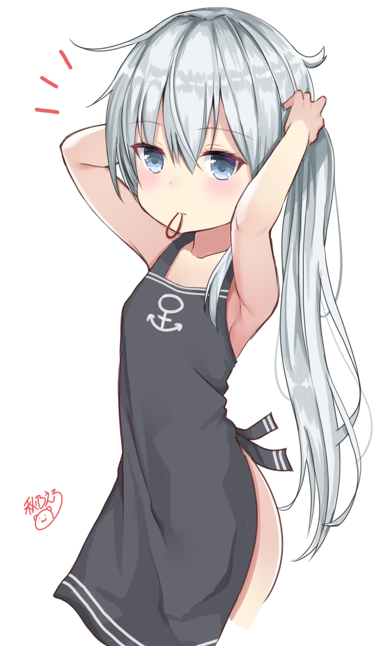 adjusting_hair apron arms_up bangs bare_arms bare_shoulders black_apron blue_eyes blush bunching_hair closed_mouth eyebrows_visible_through_hair hair_between_eyes hair_tie hair_tie_in_mouth hibiki_(kantai_collection) highres kantai_collection long_hair mouth_hold naked_apron noeru_(gt17854) notice_lines ponytail sidelocks signature silver_hair solo very_long_hair