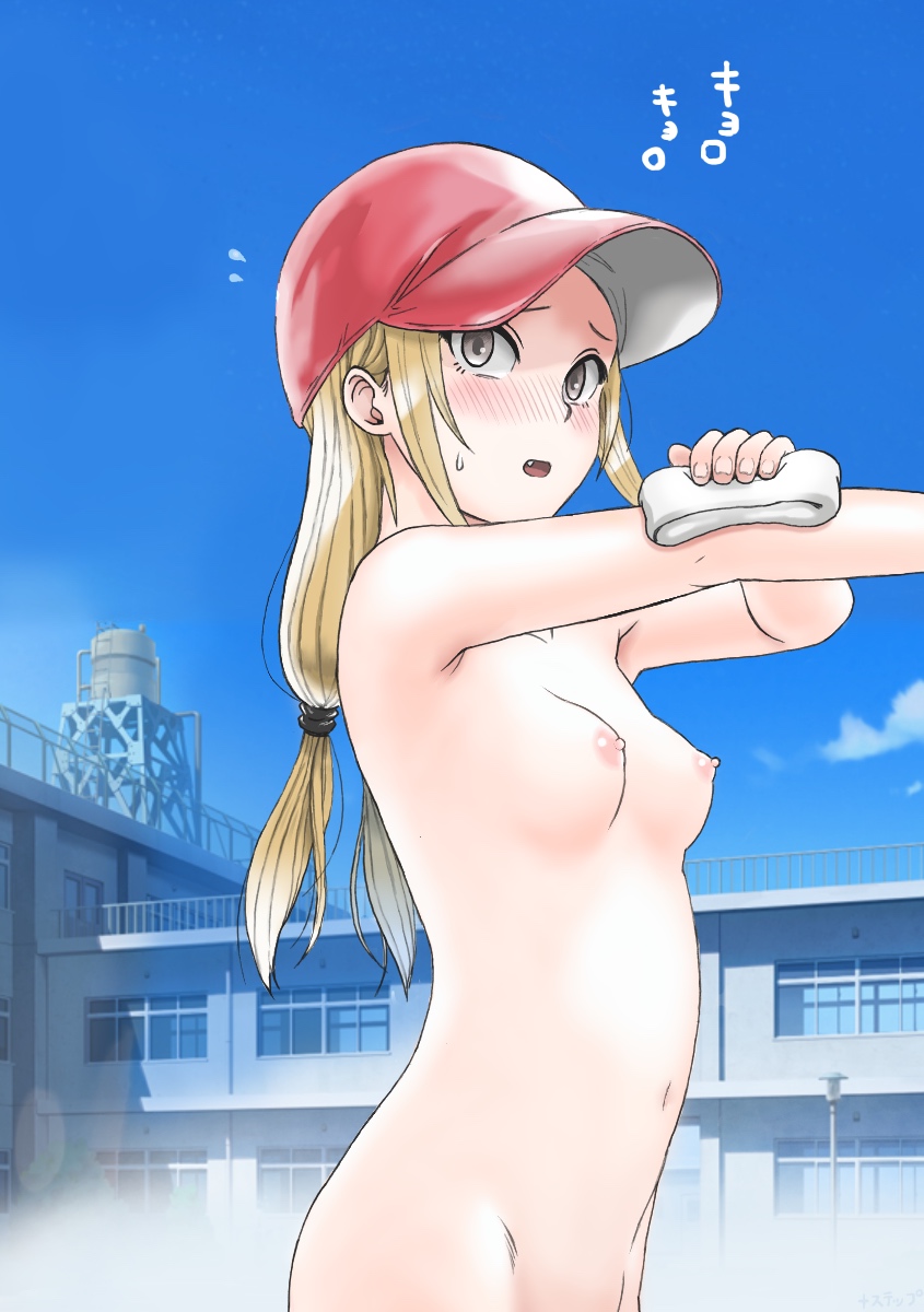 1girl baseball_cap blonde_hair breasts brown_eyes female hat head_out_of_frame highres navel nipples nude open_mouth original out-of-frame_censoring plus_step school small_breasts smile solo twintails