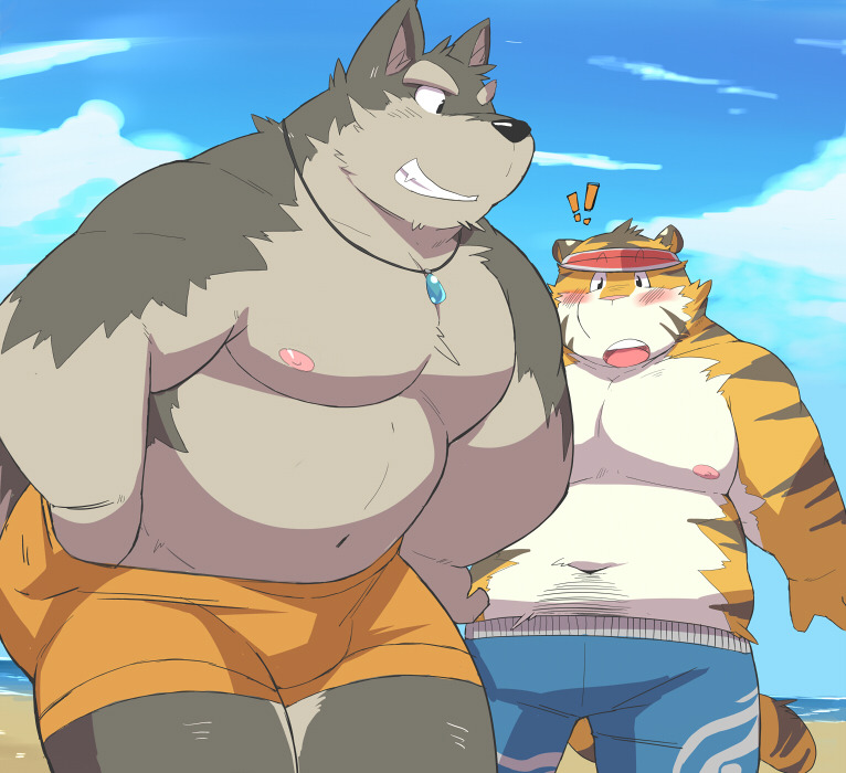 2014 anthro ayame42612 beach belly blush bulge canine clothing duo feline humanoid_hands kemono male mammal moobs navel nipples overweight overweight_male seaside swimsuit tiger water