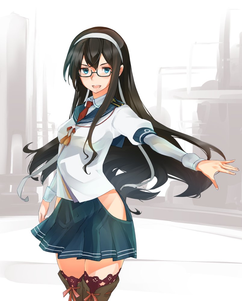 black_hair blue_eyes commentary glasses hairband hip_vent kantai_collection lace lace-trimmed_thighhighs layered_sleeves legs long_hair military military_uniform naval_uniform ooyodo_(kantai_collection) ribbon school_uniform semi-rimless_eyewear serafuku solo thighhighs under-rim_eyewear uniform white_ribbon yamaioni_(sasakama)