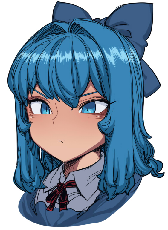 blue_eyes blue_hair bow cirno close-up face hair_bow hair_intakes neck_ribbon ribbon shirt short_hair simple_background solo space_jin touhou white_background
