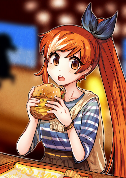 blue_ribbon brown_eyes brown_hair commentary crunchyroll earrings eating english_commentary flat_chest food hair_ribbon hamburger high-waist_skirt high_ponytail hime_(crunchyroll) jewelry kataro long_hair mascot multicolored_hair open_mouth ribbon skirt solo streaked_hair striped stud_earrings sweater_around_neck very_long_hair watch white_hair wristwatch
