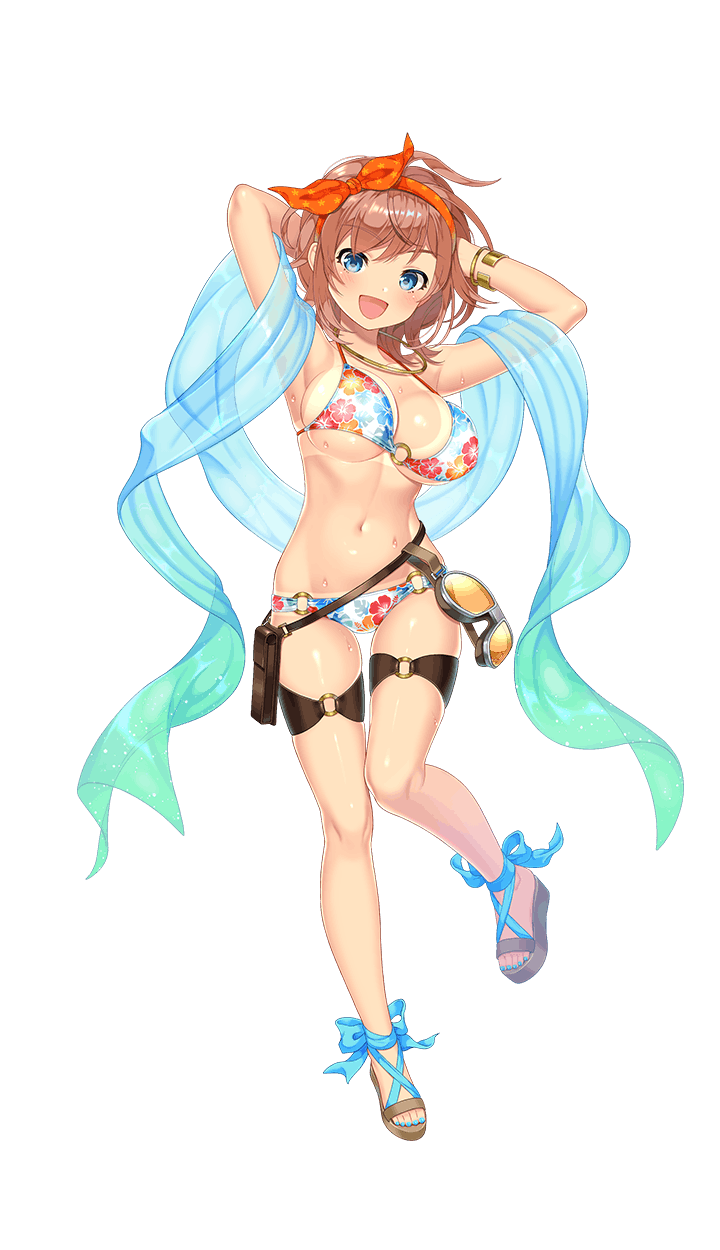 :d alternate_costume arms_behind_head arms_up bandana bikini blue_eyes blue_nails bracelet breasts brown_hair dominic_shangri-la floral_print formation_girls full_body goggles hibiscus_print highres jewelry kamura_poku large_breasts looking_at_viewer nail_polish navel necklace o-ring o-ring_bikini official_art open_mouth print_bikini sandals shawl short_hair smile solo standing standing_on_one_leg swimsuit tan tanline thigh_strap toenail_polish transparent_background