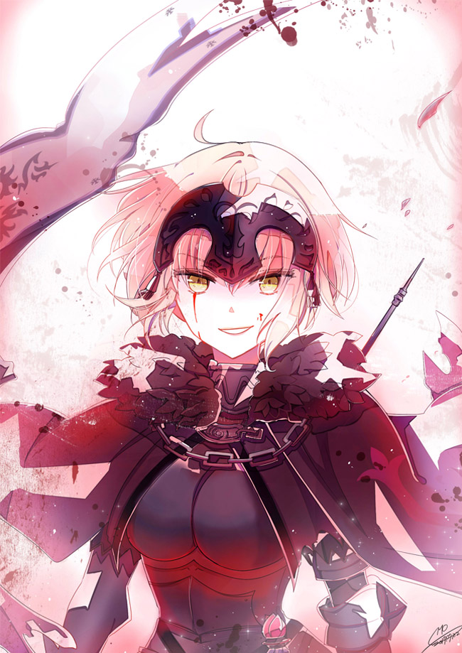 armor armored_dress banner black_cape black_dress blood blood_on_face blood_splatter breasts cape chain dress emo_(ricemo) eyebrows_visible_through_hair fate/grand_order fate_(series) floating_hair fur_trim grin hair_between_eyes holding holding_sword holding_weapon jeanne_d'arc_(alter)_(fate) jeanne_d'arc_(fate)_(all) large_breasts looking_at_viewer petals short_hair signature silver_hair smile solo sword upper_body weapon white_background yellow_eyes