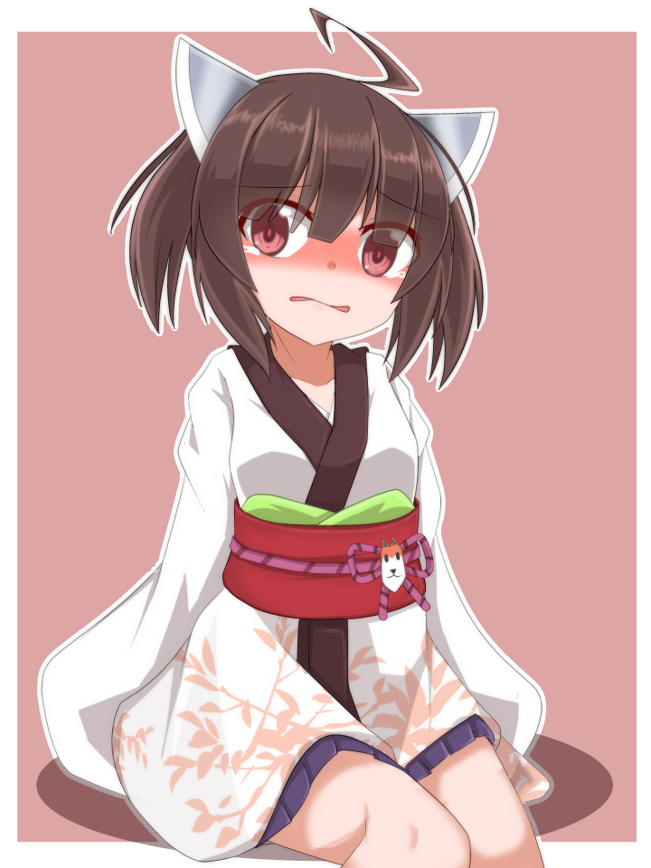 ahoge ao_(aoblueao) bangs blue_skirt blush brown_background brown_hair commentary_request eyebrows_visible_through_hair hair_between_eyes headgear headphones japanese_clothes kimono long_sleeves looking_at_viewer nose_blush obi outline parted_lips pleated_skirt red_eyes sash short_hair short_kimono skirt sleeves_past_fingers sleeves_past_wrists solo tears touhoku_kiritan twintails two-tone_background voiceroid white_background white_kimono white_outline