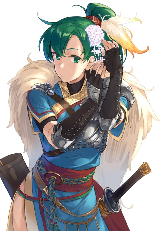 bangs belt blue_dress breastplate breasts brown_gloves closed_mouth cross-laced_clothes dress elbow_gloves feathers fingerless_gloves fire_emblem fire_emblem:_rekka_no_ken fire_emblem_heroes gloves gold_trim green_eyes green_hair hair_feathers hair_ornament high_ponytail hips ichikei kanzashi long_hair lyndis_(fire_emblem) pelvic_curtain ponytail quiver rope sash sheath side_slit silver_trim simple_background single_pauldron solo standing sword weapon white_background
