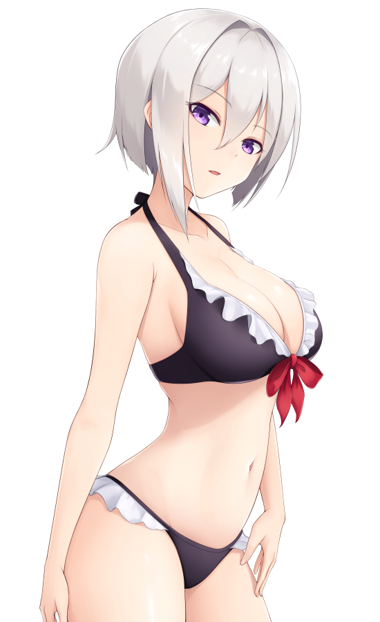 azuchi_(oshiro_project) bikini black_bikini breasts cleavage cowboy_shot eyebrows_visible_through_hair from_side large_breasts looking_at_viewer midoriyama_soma navel oshiro_project oshiro_project_re purple_eyes short_hair silver_hair simple_background solo swimsuit white_background