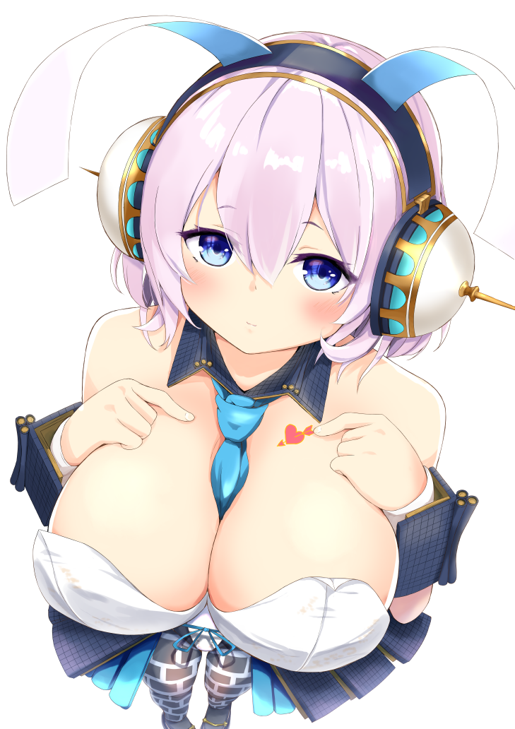 animal_ears bare_shoulders between_breasts blue_eyes blue_neckwear bluekalmia blush breasts bunny_ears bunny_girl cleavage earphones fake_animal_ears from_above large_breasts looking_at_viewer necktie necktie_between_breasts oshiro_project oshiro_project_re shikano_(oshiro_project) short_hair silver_hair solo