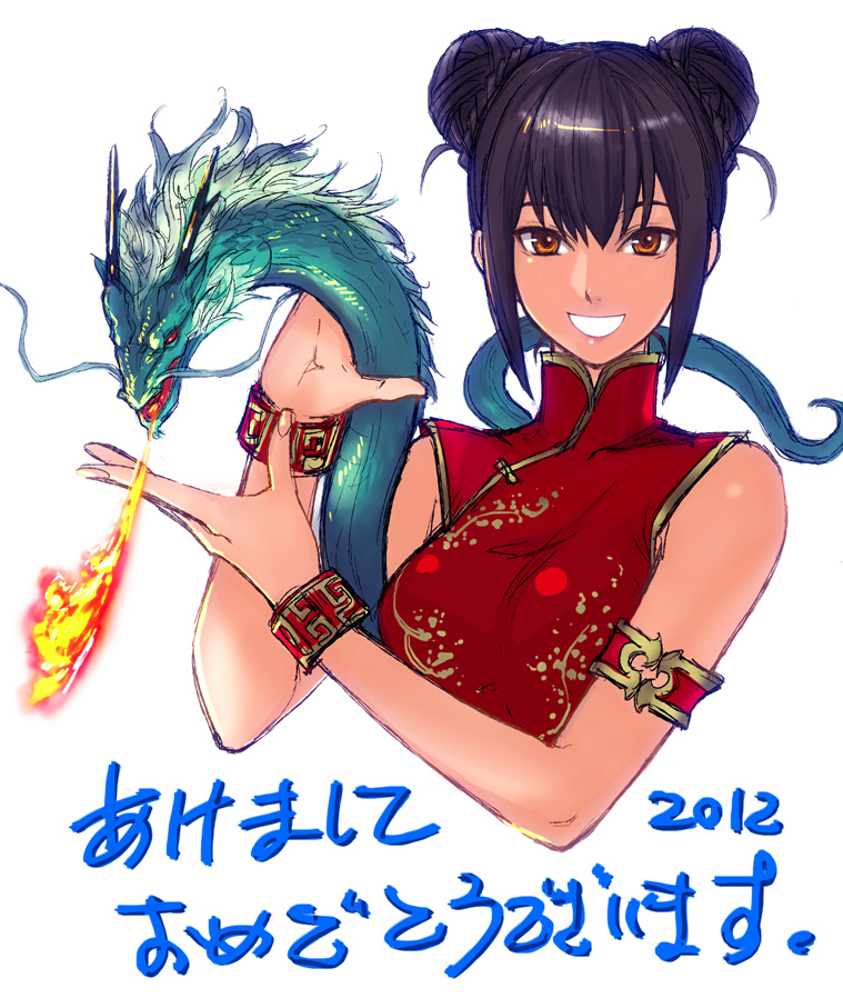 2012 :d akeome bare_shoulders black_hair breasts breathing_fire brown_eyes china_dress chinese_clothes chinese_zodiac commentary_request copyright_request double_bun dragon dress eastern_dragon fire hands_up happy_new_year large_breasts looking_at_viewer new_year open_mouth red_dress short_hair simple_background smile solo tetsu_(kimuchi) white_background wristband year_of_the_dragon