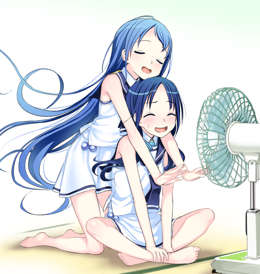 :d ^_^ ^o^ bangs bare_arms bare_legs bare_shoulders barefoot black_neckwear blue_eyes blue_hair blue_sailor_collar blush closed_eyes commentary_request electric_fan floating_hair gradient_hair green_eyes hot indian_style indoors kantai_collection kneeling kumadano long_hair low_twintails miniskirt multicolored_hair multiple_girls neckerchief no_gloves no_legwear open_mouth outstretched_arms outstretched_hand sailor_collar samidare_(kantai_collection) school_uniform serafuku shirt simple_background single_horizontal_stripe sitting skirt sleeveless sleeveless_shirt smile suzukaze_(kantai_collection) swept_bangs tatami twintails very_long_hair white_background white_shirt white_skirt wind wind_lift