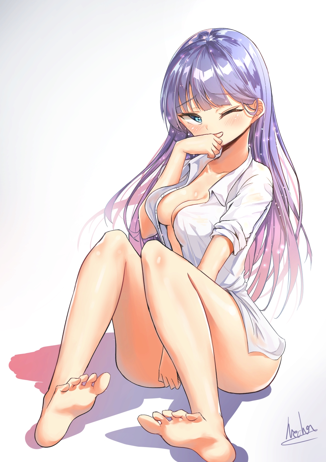 alswp5806 bangs bare_legs barefoot blue_eyes blush breasts cleavage collared_shirt covered_mouth eyebrows_visible_through_hair head_tilt highres long_hair looking_at_viewer medium_breasts naked_shirt one_eye_closed open_clothes open_shirt original purple_hair shirt short_sleeves signature sitting sleeves_pushed_up soles solo very_long_hair white_shirt