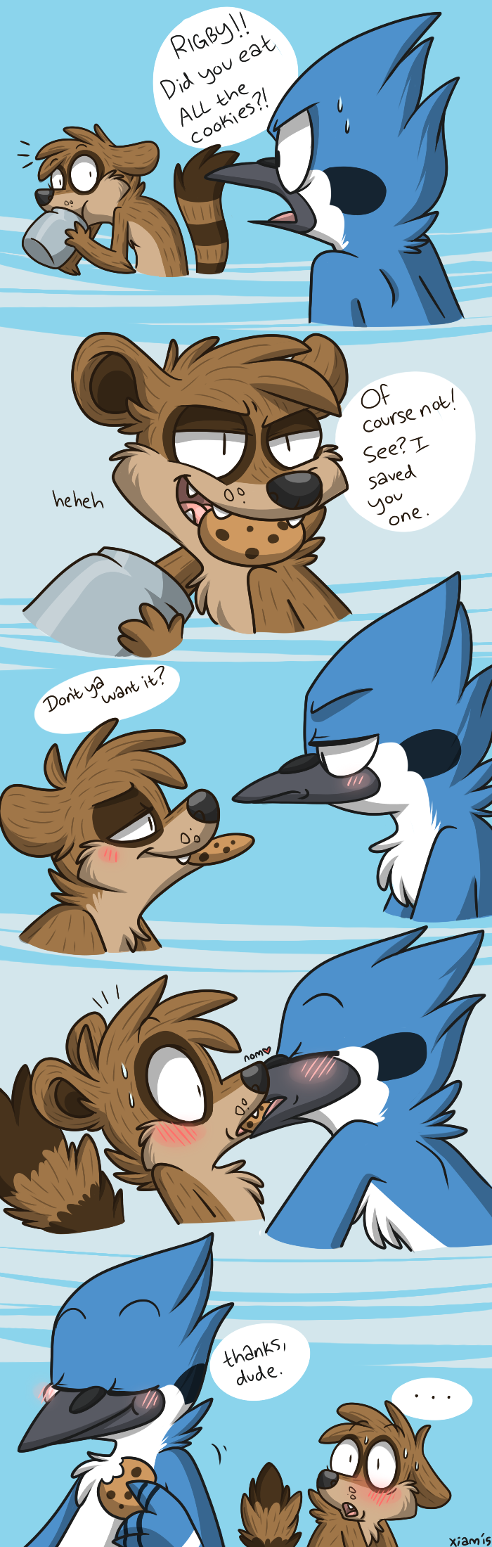 ... 2015 angry anthro avian beak bird black_body black_nose blue_background blue_body blue_jay blush brown_fur cartoon_network caught chest_tuft clothed clothing comic confusion cookie corvid cute dialogue duo eating english_text eye_contact eyes_closed fangs feathers flirting food fur grin half-closed_eyes hi_res humor kissing male male/male mammal markings mordecai_(regular_show) open_mouth procyonid raccoon regular_show rigby_(regular_show) shocked simple_background smile speech_bubble striped_tail stripes surprise sweat tan_fur teasing teeth text tongue topless tuft white_body xiamtheferret