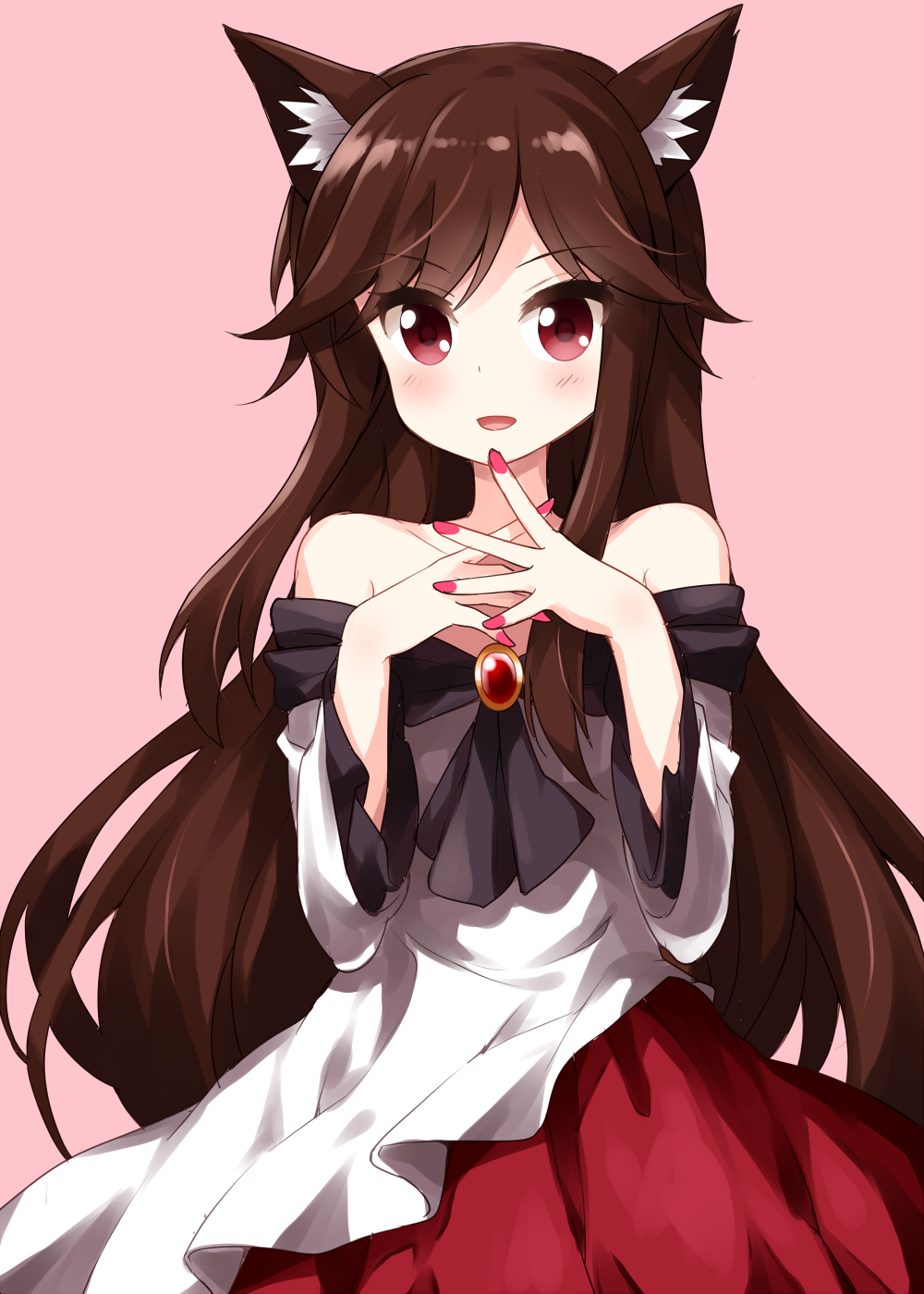 :d animal_ear_fluff animal_ears bangs bare_shoulders blush brooch brown_hair collarbone commentary_request cowboy_shot dress eyebrows_visible_through_hair hands_up highres imaizumi_kagerou jewelry long_hair long_sleeves looking_at_viewer multicolored multicolored_clothes multicolored_dress nail_polish off-shoulder_dress off_shoulder open_mouth pink_background red_dress red_eyes red_nails ruu_(tksymkw) simple_background single_sidelock smile solo touhou very_long_hair white_dress wide_sleeves wolf_ears