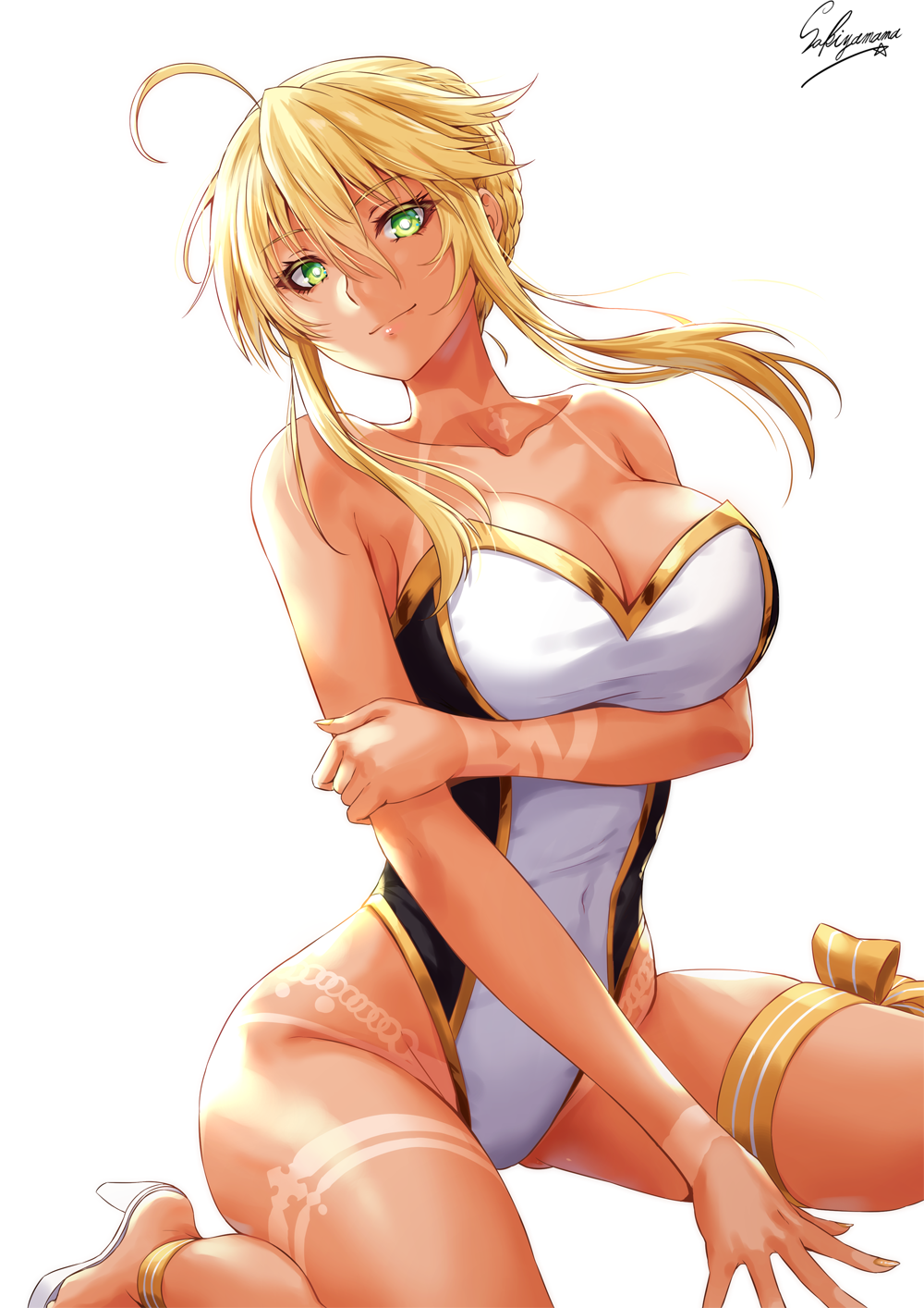 ahoge artoria_pendragon_(all) artoria_pendragon_(lancer) bangs bare_shoulders bikini_tan braid breasts cleavage closed_mouth commentary_request covered_navel eyelashes fate/grand_order fate_(series) french_braid green_eyes hair_between_eyes high_heels highres hips large_breasts long_hair looking_at_viewer one-piece_swimsuit sakiyamama sandals sidelocks simple_background sitting smile solo swept_bangs swimsuit tan tanline thigh_strap thighs two-tone_swimsuit wariza white_background white_swimsuit
