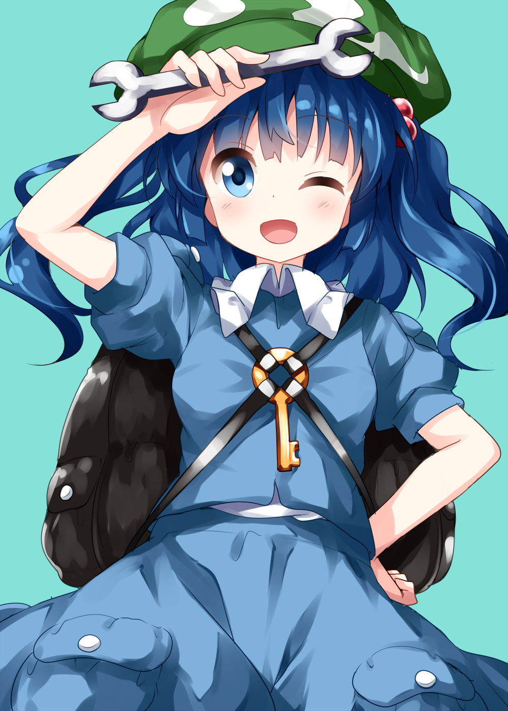 ;d aqua_background arm_up backpack bag bangs blue_eyes blue_hair blue_shirt blue_skirt blush breasts cabbie_hat commentary_request cowboy_shot eyebrows_visible_through_hair green_hat hair_bobbles hair_ornament hand_on_hip hat highres holding holding_wrench kawashiro_nitori key long_hair looking_at_viewer one_eye_closed open_mouth pocket puffy_short_sleeves puffy_sleeves ruu_(tksymkw) shirt short_sleeves simple_background skirt small_breasts smile solo touhou two_side_up wing_collar wrench
