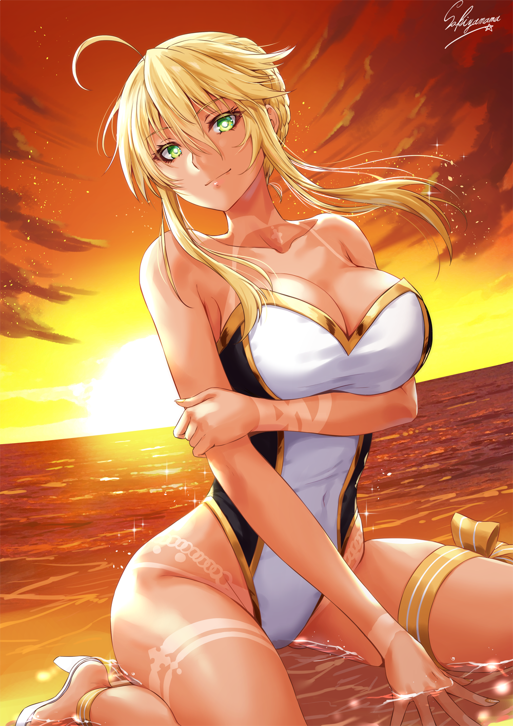 accessory_tan ahoge artoria_pendragon_(all) artoria_pendragon_(lancer) bangs bare_shoulders beach bikini_tan braid breasts cleavage closed_mouth commentary_request covered_navel eyelashes fate/grand_order fate_(series) french_braid green_eyes hair_between_eyes high_heels highres hips horizon large_breasts long_hair looking_at_viewer ocean one-piece_swimsuit sakiyamama sandals sidelocks sitting smile solo sunlight swept_bangs swimsuit tan tanline thigh_strap thighs two-tone_swimsuit wariza white_swimsuit