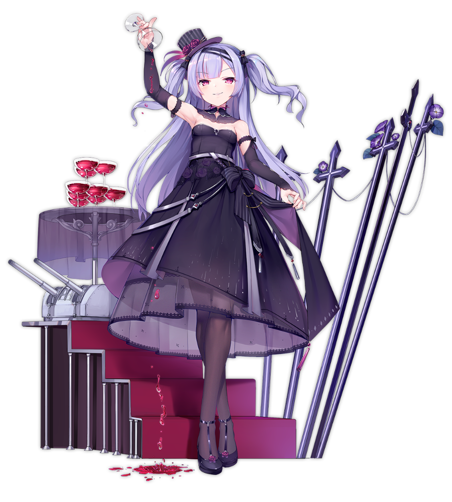 ajax_(azur_lane) alcohol alternate_costume arm_up azur_lane bangs bare_shoulders black_bow black_dress black_footwear black_hat blush bow breasts bridal_gauntlets brown_legwear cannon crossed_legs cup dress dress_lift drinking_glass eyebrows_visible_through_hair floating_hair flower full_body hair_bow hat hat_flower head_tilt high_heels holding holding_cup kaede_(003591163) lifted_by_self long_hair long_sleeves mini_hat mini_top_hat official_art one_eye_closed pantyhose parted_lips pouring purple_eyes purple_flower purple_hair purple_rose rose see-through shoes small_breasts smile smirk stairs standing strapless strapless_dress striped table tilted_headwear top_hat transparent_background tsurime turret two_side_up vertical-striped_hat vertical_stripes very_long_hair watson_cross wine wine_glass