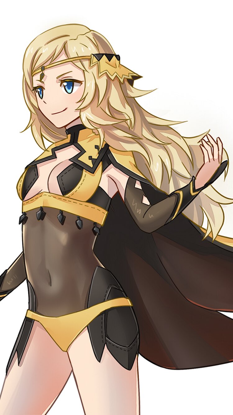 blonde_hair blue_eyes breasts cape center_opening circlet cleavage closed_mouth commentary covered_navel fire_emblem fire_emblem_if highres hraaat long_hair ophelia_(fire_emblem_if) simple_background small_breasts smile solo white_background