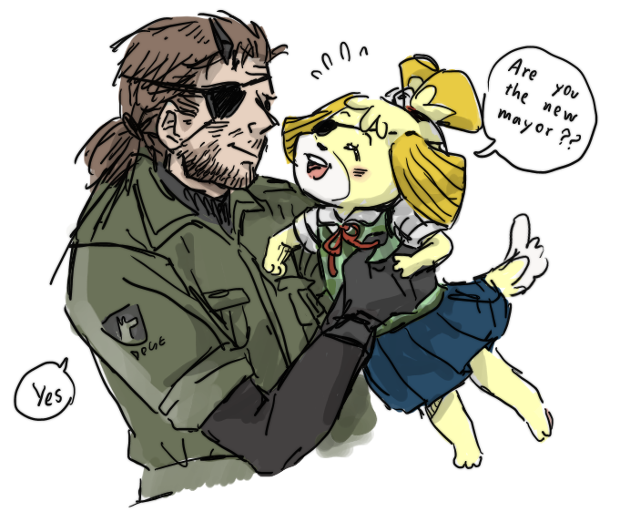 2015 animal_crossing anthro bandanna beard canine clothed clothing crossover cute dialogue dog english_text eye_patch eyewear facial_hair female fur human isabelle_(animal_crossing) konami male mammal metal_gear mitogenesis nintendo paws shih_tzu simple_background smile text uniform venom_snake video_games white_background yellow_fur