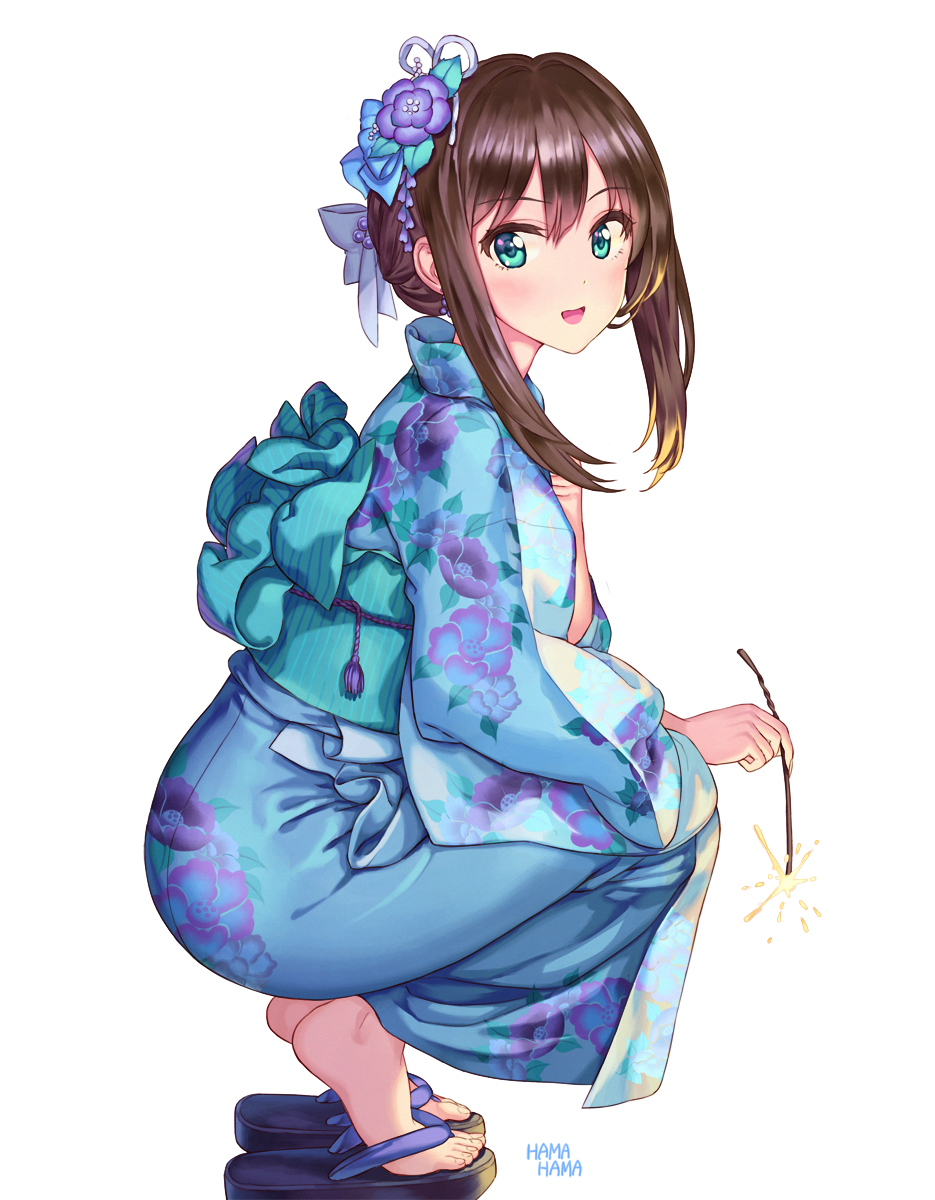 bangs blue_kimono blush brown_hair commentary_request fireworks floral_print flower green_eyes hair_between_eyes hair_flower hair_ornament hhama highres idolmaster idolmaster_cinderella_girls japanese_clothes kimono long_hair looking_at_viewer looking_to_the_side obi open_mouth sandals sash shibuya_rin simple_background smile solo sparkler squatting white_background wide_sleeves yukata