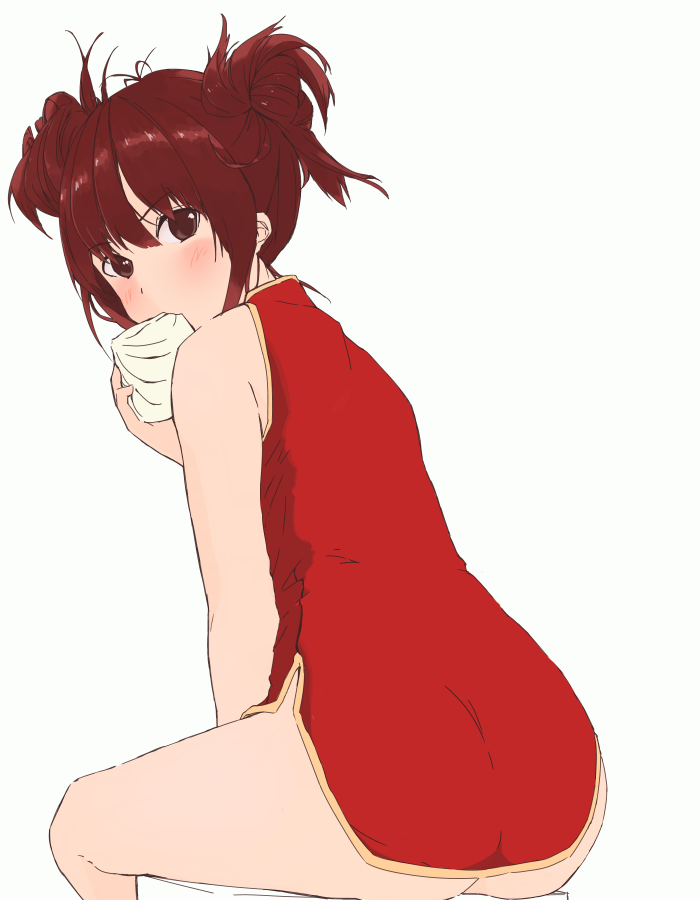 ass bare_shoulders brown_eyes brown_hair china_dress chinese_clothes double_bun dress looking_at_viewer original red_dress sakimi3