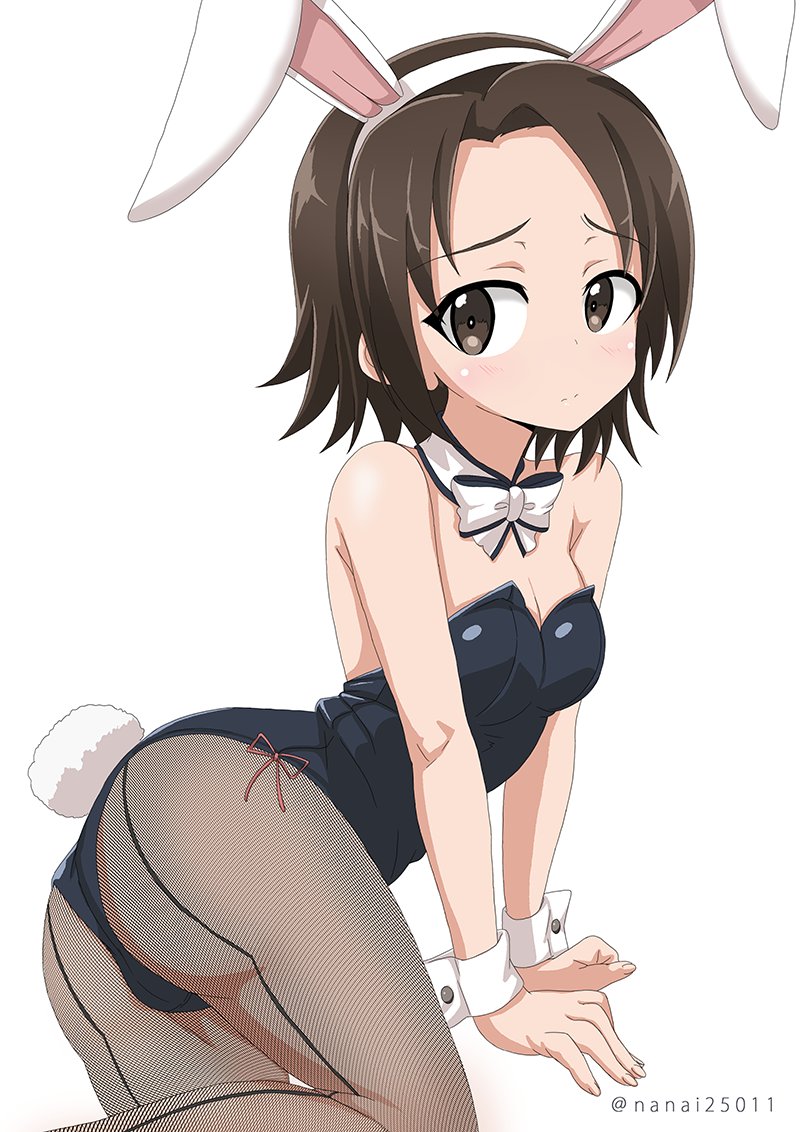 animal_ears arm_support ass bangs black_legwear black_leotard bow bowtie breasts brown_eyes brown_hair bunny_ears bunny_tail bunnysuit cleavage closed_mouth commentary detached_collar eyebrows_visible_through_hair fake_animal_ears fake_tail fishnet_pantyhose fishnets girls_und_panzer leotard light_frown looking_at_viewer lying on_side pantyhose parted_bangs sawa_azusa shibagami short_hair simple_background small_breasts solo strapless strapless_leotard tail thighs twitter_username white_background white_neckwear wrist_cuffs