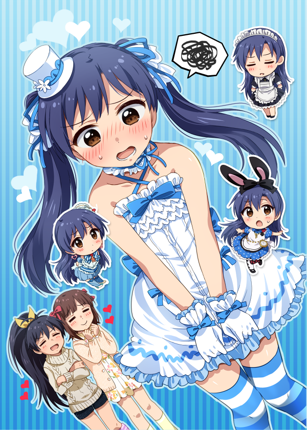 alice_in_wonderland alternate_costume alternate_hairstyle amami_haruka animal_ears apron aran_sweater back_bow bangs bare_arms bare_shoulders black_dress black_footwear blue_background blue_bow blue_dress blue_hair blush bow breasts brown_eyes brown_hair bunny_ears cardigan clenched_hands closed_eyes closed_mouth collarbone commentary_request cosplay covering covering_crotch criss-cross_halter crossed_arms crossover d: dress dress_bow dress_tug dutch_angle embarrassed enmaided eyebrows_visible_through_hair facing_another fake_animal_ears frilled_apron frilled_dress frills furrowed_eyebrows ganaha_hibiki gloves hair_bow halterneck hands_up hat heart high_ponytail hiiringu idolmaster idolmaster_(classic) kemonomimi_mode kisaragi_chihaya kneehighs large_breasts long_hair long_sleeves maid maid_apron maid_headdress march_hare march_hare_(cosplay) mini_hat mini_top_hat nose_blush open_mouth pink_cardigan red_bow short_dress short_hair short_sleeves sleeveless sleeveless_dress smile speech_bubble spoken_squiggle squiggle standing striped striped_background striped_legwear sweatdrop sweater thighhighs top_hat twintails v_arms vertical-striped_background vertical_stripes very_long_hair wavy_mouth white_apron white_dress white_gloves white_hat yellow_legwear