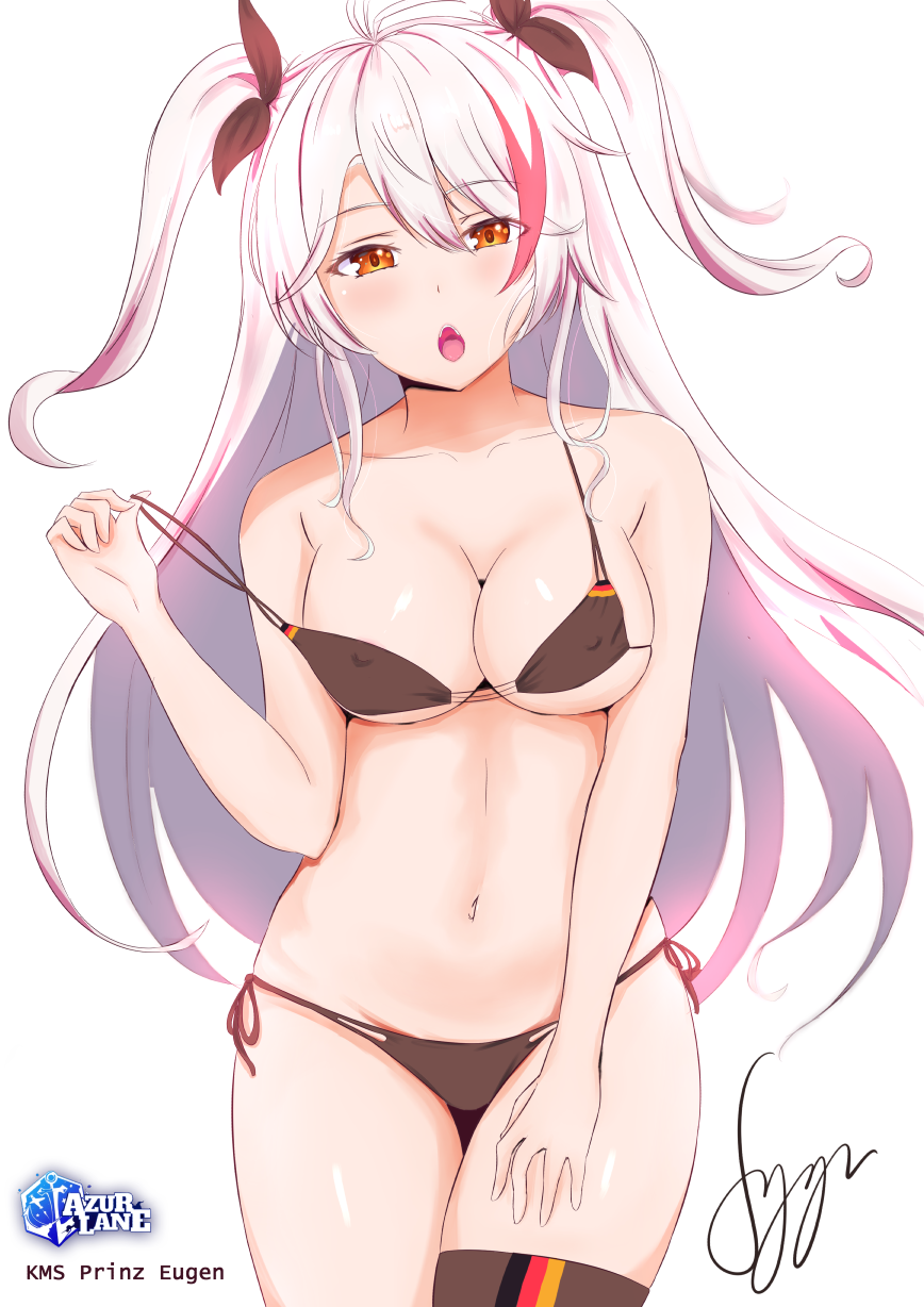 10s 1girl areola_slip areolae artist_name azur_lane bikini bikini_pull blush breasts character_name cleavage copyright_name erect_nipples eyebrows_visible_through_hair eyes_visible_through_hair flag_print german_flag german_flag_bikini hand_on_leg large_breasts long_hair looking_at_viewer navel open_mouth orange_eyes pink_hair prinz_eugen_(azur_lane) signature simple_background solo standing strap_pull swimsuit syyn_(syyndev) thighhighs twintails white_background