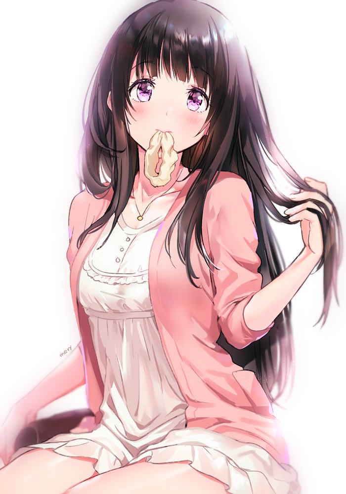 3: artist_name bangs black_hair cardigan chitanda_eru dress hair_tie_in_mouth holding holding_hair hyouka jewelry long_hair mery_(apfl0515) mouth_hold necklace purple_eyes scrunchie signature sitting white_dress