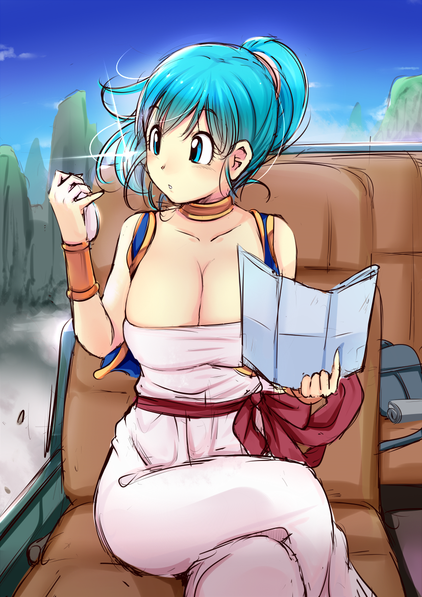 arabian_clothes arm_up blue_eyes blue_hair blue_sky blue_vest bracelet breasts bulma car car_interior choker cleavage cloud collarbone commentary_request cropped_legs crossed_legs day dragon_ball dragon_radar eyebrows_visible_through_hair glint gold_trim ground_vehicle holding holding_map jewelry katori_(mocchidou) long_hair map map_(object) medium_breasts motor_vehicle mountain outdoors pants parted_lips ponytail raised_eyebrows shirt sitting sky solo vest white_pants white_shirt