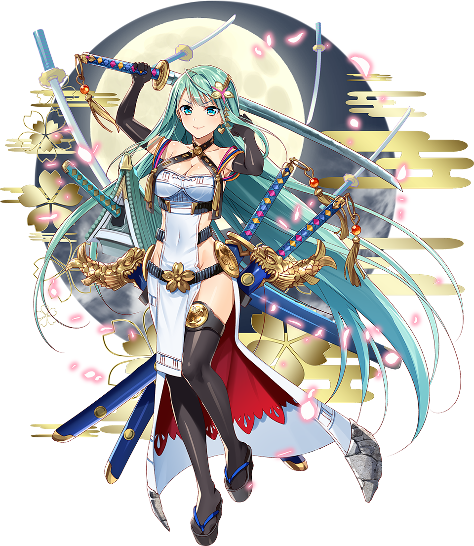 absurdly_long_hair ahoge black_gloves black_legwear blue_eyes blush breasts cleavage earrings elbow_gloves eyebrows_visible_through_hair full_body gloves green_hair heart heart_earrings holding holding_sword holding_weapon jewelry large_breasts long_hair looking_at_viewer murakami_yuichi official_art oshiro_project oshiro_project_re platform_footwear sheath sheathed smile solo sword thighhighs tokugawa_osaka_(oshiro_project) transparent_background very_long_hair weapon