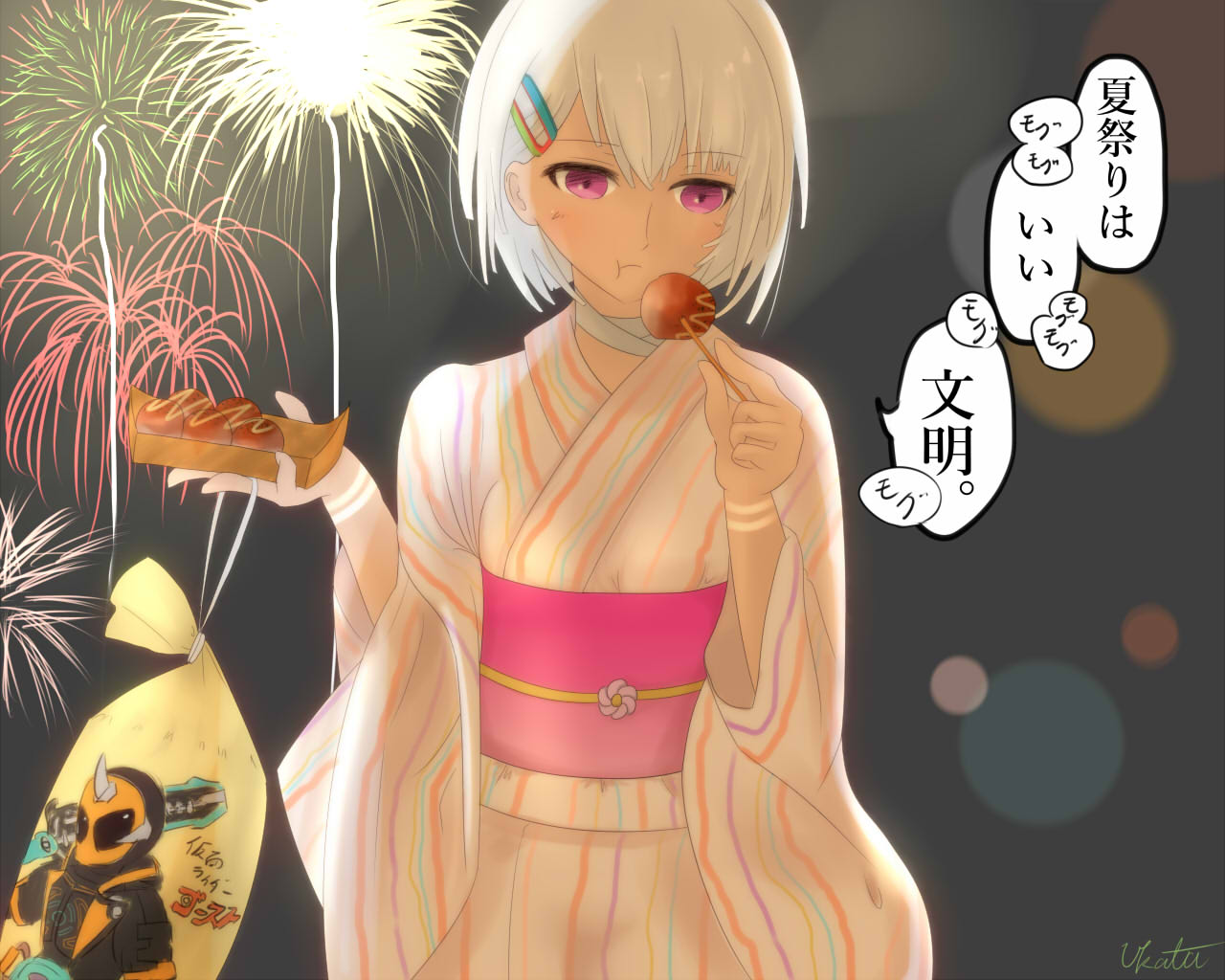 altera_(fate) bag bangs breasts closed_mouth commentary eating fate/grand_order fate_(series) firework_background fireworks food hair_ornament hairclip holding holding_food japanese_clothes kamen_rider kamen_rider_ghost kamen_rider_ghost_(series) kimono looking_down night outdoors patterned_clothing pink_eyes shiny shiny_hair short_hair small_breasts solo speech_bubble standing tattoo translated white_hair yukata yukata_(mn103014)