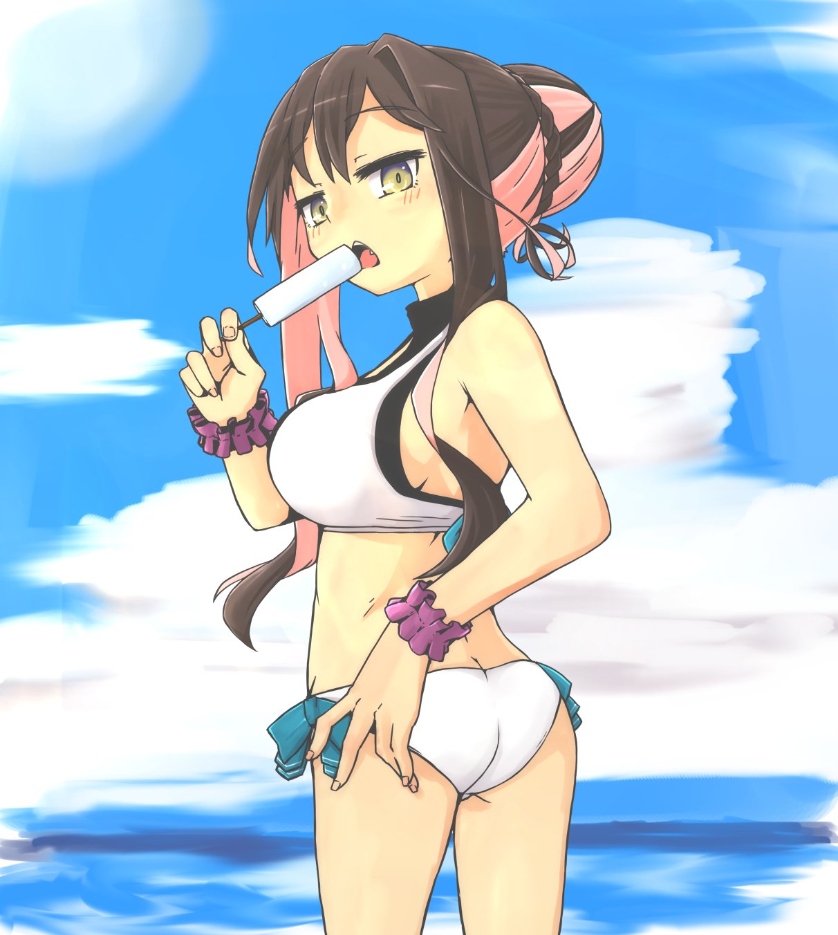 alternate_costume alternate_hairstyle ass back bikini blue_bow blue_eyes blue_sky bow braid braided_bun breasts brown_hair cloud commentary_request contrapposto cowboy_shot day fang fingernails food french_braid frilled_wrist_cuffs gradient_eyes hair_bun hair_intakes hand_on_hip hand_up highres kantai_collection large_breasts looking_at_viewer looking_back macbail multicolored multicolored_eyes multicolored_hair naganami_(kantai_collection) ocean open_mouth outdoors pink_hair popsicle side-tie_bikini sidelocks sky solo swimsuit thighs tied_hair two-tone_hair white_bikini wrist_cuffs yellow_eyes